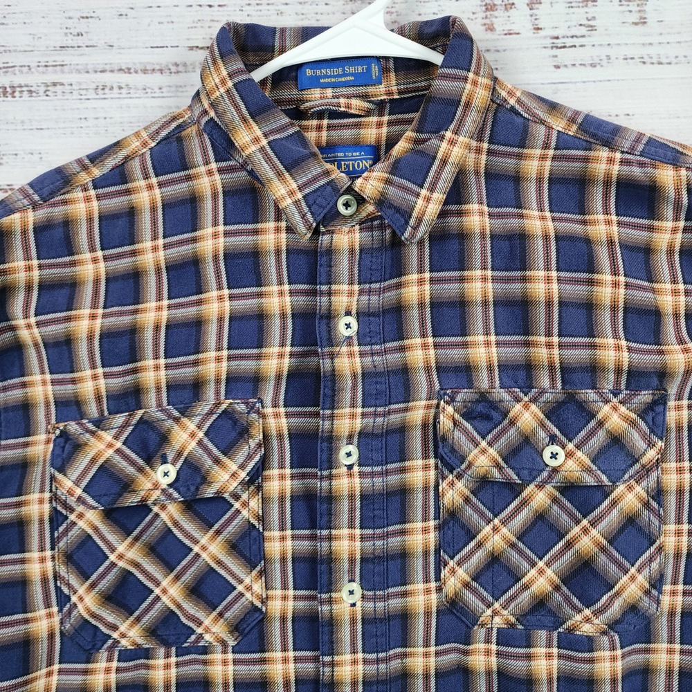 Pendleton Burnside Flannel Shirt Men Large Navy Tan Plaid Cotton Button Down